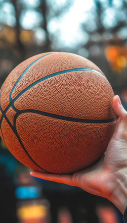 A Professional Basketball Player Practicing Dribbling Techniques with an Orange Basketball Outdoorsの素材