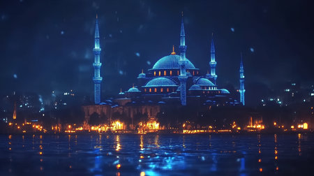 Night View of Topkapi Palace in Istanbul, Turkey with Dotted Blue Outline and Network Designの素材