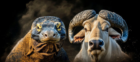 Majestic Komodo Dragon and Powerful Water Buffalo Captured in Stunning Wildlife Photographyの素材