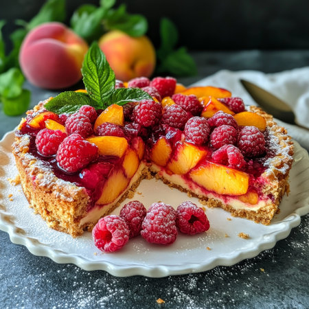 Decadent Peach Raspberry Tart with Creamy Vanilla Filling for a Perfect Summer Dessert Experienceの素材
