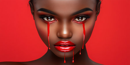 Elegant dark-skinned woman with bold makeup and red lipstick, capturing beauty and fashion.の素材