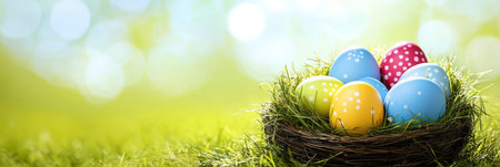 Colorful Easter Decoration Festive Nest with Vibrant Easter Eggs in Lush Green Grass, Spring Themeの素材