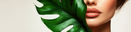 Radiant Skin Revealed Beautiful Woman Framed by Monstera Leaf in a Clean Beauty Studio Close-Upの素材