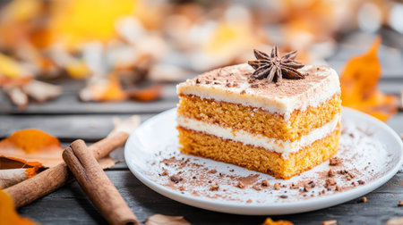Deliciously Decadent Pumpkin Layer Cake Slice with Fall Spices and Creamy Frosting for Autumn Treatの素材