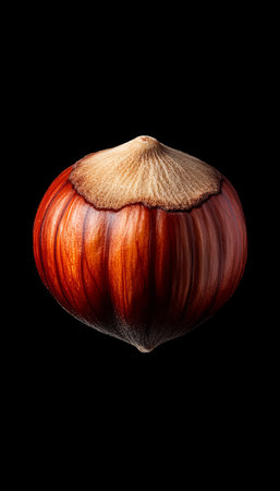 Close-Up of a Vibrant Hazelnut with Textured Skin Isolated on a Black Background, 95 Charactersの素材