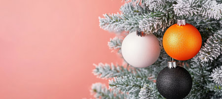 Beautifully Decorated Festive Christmas Tree with Orange, Black and White Baubles for Holidaysの素材