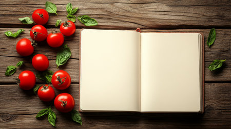 Culinary Creations A Notebook with Recipes Featuring Fresh Red Tomatoes for Vegan Delightsの素材