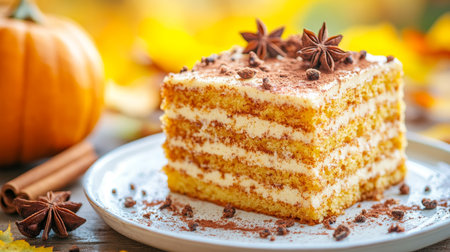 Indulgent Slice of Homemade Pumpkin Spice Cake with Creamy Frosting, Perfect for Autumn Celebrationsの素材