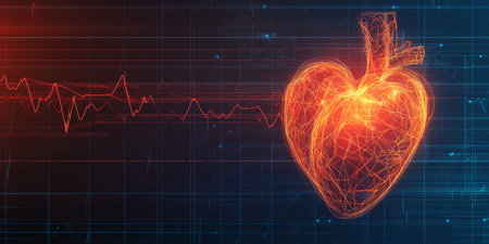 Futuristic Medical Background Featuring a Glowing Red Heart with Digital Heartbeat Grid Analysisの素材