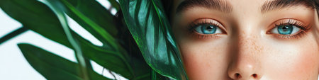 Close-Up Portrait of a Calm Woman Hiding Behind a Lush Monstera Leaf with a Bright Natural Lookの素材