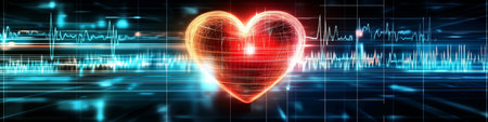Futuristic Red Heart with Grid Background and Medical Line Chart for Health and Love Concept Artの素材