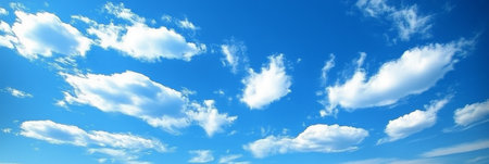 Beautiful Blue Sky Landscape Filled with Fluffy White Clouds for Backgrounds and Stock Imagesの素材