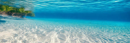 Stunning underwater view with sunlight filtering through vibrant tropical marine life and plants.の素材