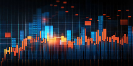 Dynamic and Colorful Stock Movement Visualization in Blue, Orange, and Yellow on Black Backgroundの素材