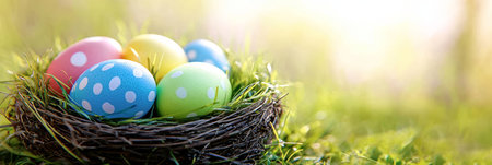 Beautifully Blurred Grassy Background with Hand-Painted Easter Eggs Nestled in Twigs for Springの素材