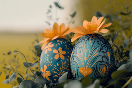 Beautifully Decorated Easter Celebration with Hand Painted Stylish Blue Eggs on Fresh Green Bouquetの素材