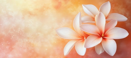 Lovely Plumeria Flowers Against Soft Orange and Cream Background for Serenity and Calmness.の素材