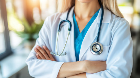 Dedicated Female Doctor Wearing a Stethoscope, Ready to Diagnose Patients in a Professional Settingの素材