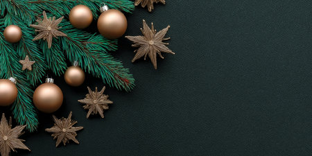 Festive Christmas Decorative Background with Branches and Gold Ornaments on a Dark Backgroundの素材
