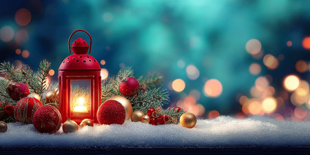 Festive Holiday Table Centerpiece with Red Lantern, Snow, Pine Needles, and Glittering Ornamentsの素材