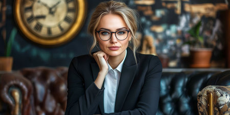 Confident Businesswoman in Formal Attire Exuding Professionalism in Stylish Executive Office Settingの素材