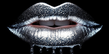 Glamorous Woman Showcasing Shiny Silver Lips in a Fashion Studio Setting, Expressive Styleの素材