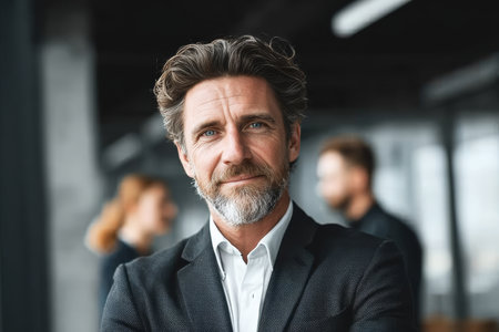 Confident Middle-Aged Entrepreneur Smiling in Modern Workspace, Representing Professional Successの素材