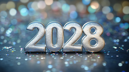 Silver Year, two thousand twenty-eight. Metallic numbers evoke futuristic feel., Bokeh celebration.の素材