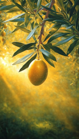 Serene Olive Grove Still Life with Fresh Olives and Sunlight, Capturing Mediterranean Tranquilityの素材