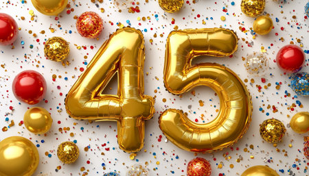 Elegant golden anniversary celebration with confetti, balloons, and a festive backdrop for a party.の素材