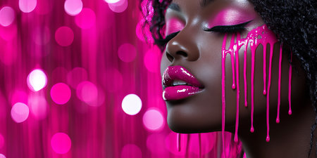 Stunning Beauty Portrait of a Black Woman with Pink Paint and Glittery Eye Makeup in Artistic Styleの素材