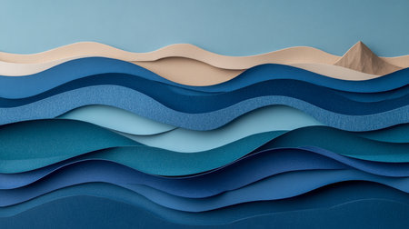 Artistic layered wave backdrop with deep sea hues and ocean textures for stunning visual appeal.の素材