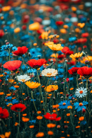 Stunning Vibrant Wildflower Meadow in Full Bloom Under Bright Blue Sky, Nature s Colorful Canvasの素材