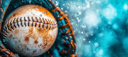 Close-Up of a Worn Baseball and Old Leather Glove with Dynamic Bokeh and Water Drops Effectの素材