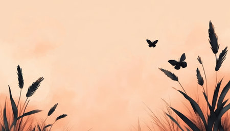 Watercolor Painting of Meadow Flowers Silhouetted by Twilight Hues and Fluttering Butterfliesの素材