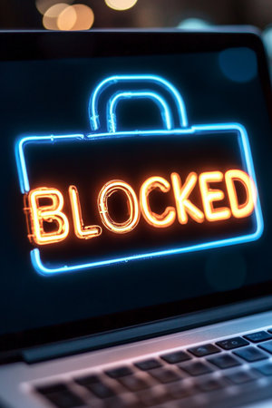 Website Blocked, Neon Text on Laptop Screen, Concept of Cybersecurity and Internet Censorshipの素材