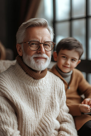 Joyful Senior Man with Gray Hair and Glasses Knitting Sweaters for His Happy Grandchild at Homeの素材