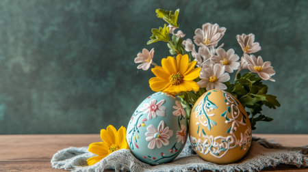 Charming Vintage Blue Easter Egg Surrounded by Daisies on Rustic Brown Wood Background Decorの素材