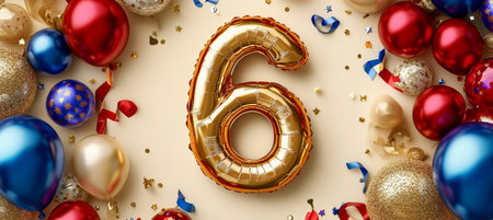 Joyous Sixth Birthday Party Celebration with Colorful Decorations and a Number Six Helium Balloonの素材