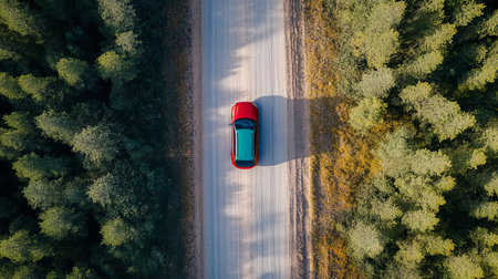 A Scenic Drive Through Lush Green Countryside with a Red Car Journeying Along the Open Roadの素材