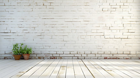 Bright Minimalistic White Interior with Brick Wall and Indoor Plants for Modern Aesthetic Backgroundの素材