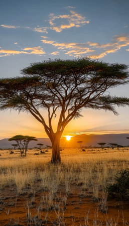 Stunning Sunset Over the African Savannah, Highlighting Vibrant Colors and Majestic Wildlife at Duskの素材