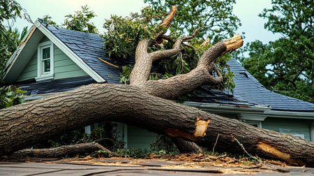 Severe Storm Damage with Uprooted Tree and Collapsed Rooftop House After Earthquake Devastationの素材