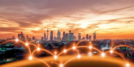 Twilight cityscape featuring vibrant internet networks and modern technological connectivity scenes.の素材