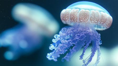 Mesmerizing Jellyfish Exhibit Showcases Vibrant Colors and Graceful Movements Under Aqua Lightingの素材