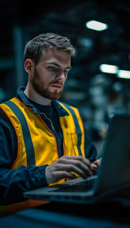 Engineer performs diagnostic analysis using advanced technology in a modern manufacturing setting.の素材