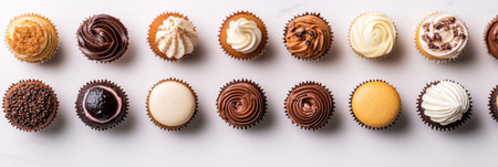 Colorful Assorted Cupcakes with Frosting, Perfect for Celebrations and Special Events, Overhead Viewの素材