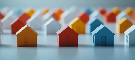 Diverse Real Estate Market Showcasing Colorful Houses in Rows, Highlighting Unique Housing Optionsの素材