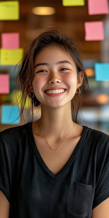 Cheerful Young Woman in Classroom Surrounded by Sticky Notes, Engaged in Creative Brainstormingの素材