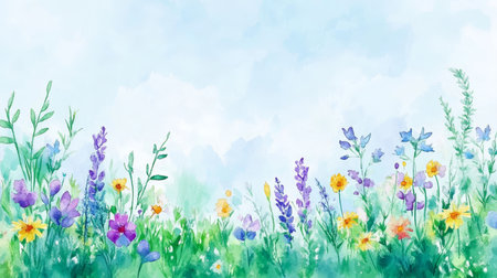 Dreamy Watercolor Meadow Scene with Pastel Blossoms and Wildflowers in Soft Airy Colors and Huesの素材